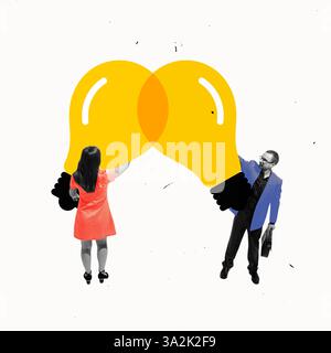 Two business partners connecting lightbulbs, integrating ideas in one common project. Stock Photo