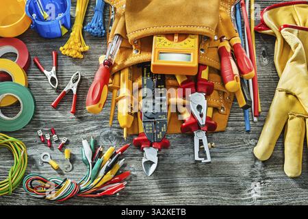 Very big set tools of electrical tools on vintage wooden background Stock Photo