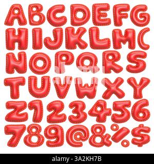 Set of red uppercase padded alphabet and numbers with decorative stitching isolated on white background, 3D rendering font for creative design Stock Photo