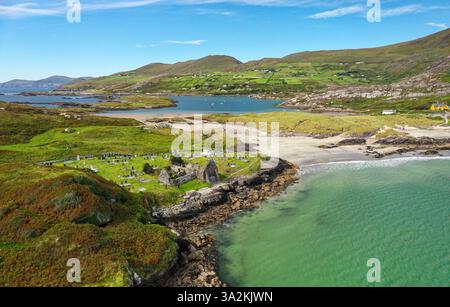 Derrynane Abbey aka Ahamore Abbey west of Caherdaniel on the Ring of Kerry, Iveragh peninsula, Ireland. Dates from 6 C. Looking north west Stock Photo