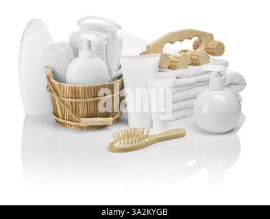 Wooden and plastic objects for bathing Stock Photo