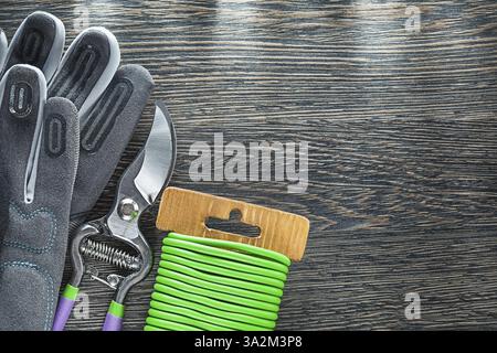 Safety gloves secateurs garden wire on wooden board Stock Photo