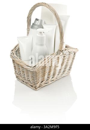 Wooden basket with toilet articles Stock Photo