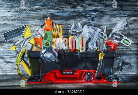 Very big set of construction tools in toolbox on vintage wood Stock Photo