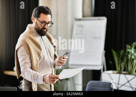 In a stylish office setting, a handsome elderly man examines his notes with a smartphone in hand. Stock Photo
