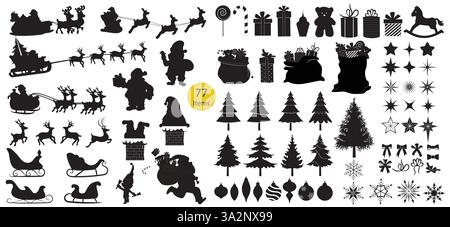 Christmas Vector black silhouette set, isolated decoration icons. Santa Claus with reindeer sleigh, trees, ornaments, presents, candy and toys. Stock Vector