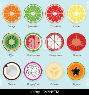 Vector set of fresh fruit, cross section, cut in half and isolated on blue background. Orange, green lime, grapefruit, lemon, kiwi, watermelon, mangos Stock Vector