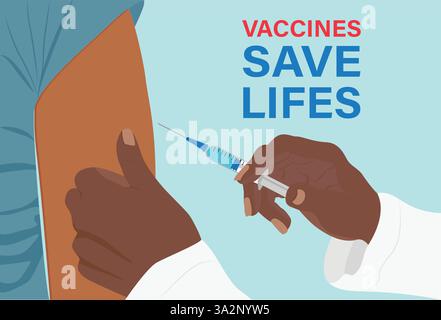 Doctor injecting patient with vaccine. Medical treatment vaccination vector illustration. National vaccination day concept. Stock Vector