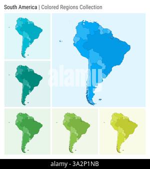 South America. Map collection. Continent shape. Colored countries. Light Blue, Cyan, Teal, Green, Light Green, Lime color palettes. Stock Vector