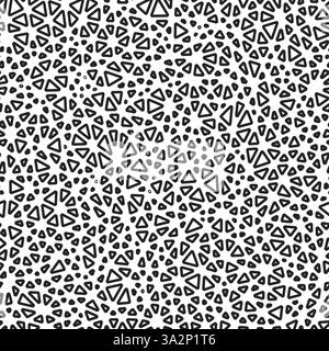 Background with triangles pattern. Tiny triangles size. Black and white style. Rounded triangles outlined. Repeatable pattern. Monochrome contrast. Stock Vector