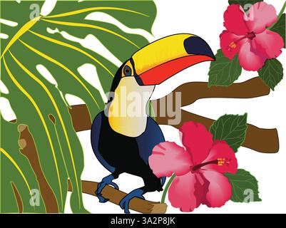 Vector illustration of a colorful toucan on a branch with bright hibiscus flowers, leaves and green background. Exotic tropical bird. Stock Vector