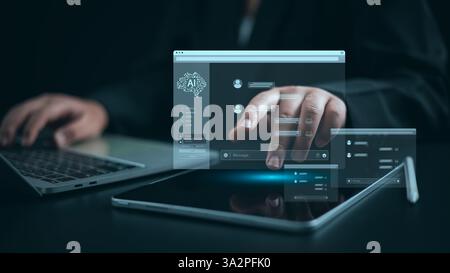 Intelligence artificial futuristic and technology development, Businessman using the AI chat system to find answers to questions, Software for chat wi Stock Photo