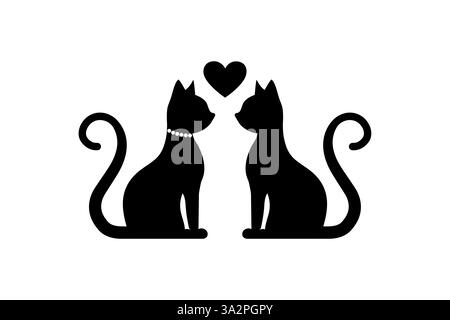Two cute cats loving each other. Black couple cat Silhouette in love, logo design kittens in Romantic Mood, Valentine concept, Vector illustration Stock Vector