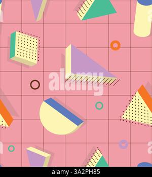 Pink Retro Hipster Memphis Seamless Pattern with 3D Geometric Shapes and Grid Stock Vector