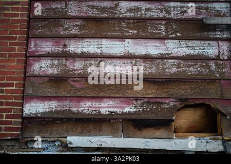 Weathered exterior wall showing textured layers of peeling pink and white paint beside aged red bricks, with a hole revealing cardboard insulation. Stock Photo