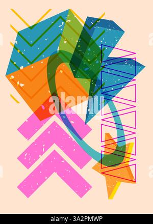 Colorful geometric shapes. Object in trendy riso graph design. Geometry elements abstract risograph print texture style. Stock Vector