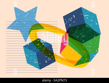 Colorful geometric shapes. Object in trendy riso graph design. Geometry elements abstract risograph print texture style. Stock Vector