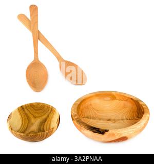 Wooden spoons and bowls isolated on white background. Collage. Free space for text. Stock Photo