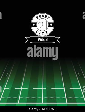 Paris Concept for Rugby City white Stamp with Green Field Background, abstract illustration image Stock Vector