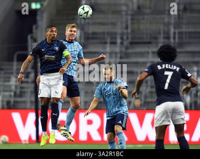 Stockholm, Sweden. 13th Mar, 2025. Pafos Jairo and Djurgården's Rasmus Schüller in a header duel during the Uefa Conference League match, round of 16, 2nd leg, between Djurgården IF and Pafos at 3Arena in Stockholm, Sweden March 13, 2025.Photo: Oscar Olsson/TT/Code 12046 Credit: TT News Agency/Alamy Live News Stock Photo