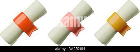 3D Graduation diploma paper scroll with red ribbon education certificate cute three dimensional icon Stock Vector