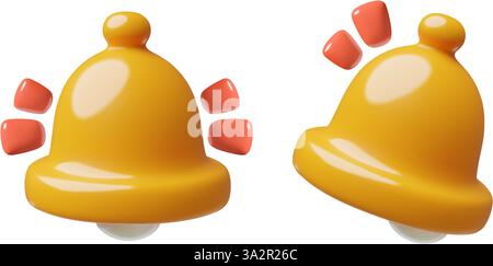 3d notification bell, alert and alarm icons. Subscribe reminder cute glossy ringing bell Stock Vector
