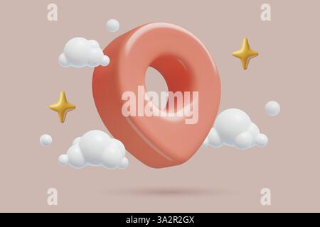 3d location pin pink plastic icon with clouds and stars address and place pointer concept design Stock Vector