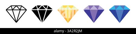 Five Unique Diamond Icons Showcasing Different Colors and Designs Stock Vector