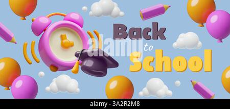 Back to school 3D vector banner with ringing alarm clock pencil and holiday balloons flying in cloud Stock Vector