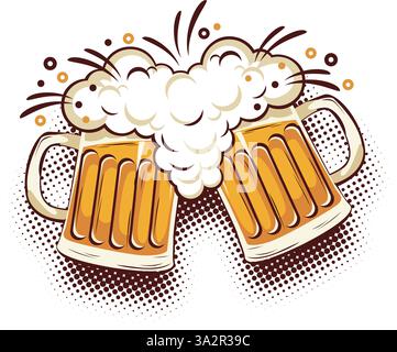 Beer glasses toast icon with splash and foam. Vector in comic style on transparent background Stock Vector