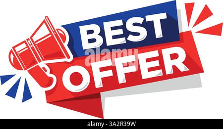 Advertising sticker best offer with megaphone on ribbon. Text template for flyer, web banner and store campaign. Vector on transparent background Stock Vector
