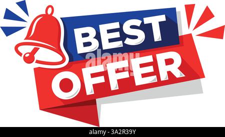 Advertising sticker best offer with bell on ribbon. Text template for flyer, web banner and store campaign. Vector on transparent background Stock Vector