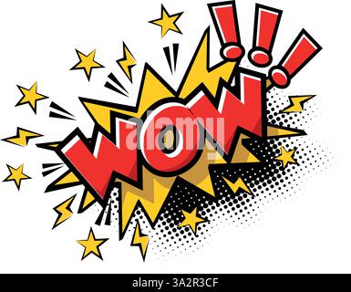 WOW! Fun graphic icon in cartoon comic style. Vector on transparent background Stock Vector