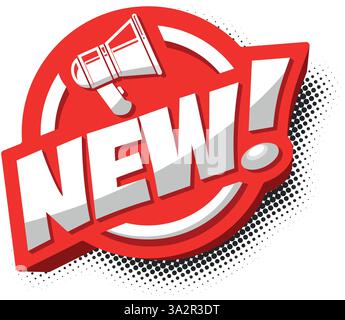 New! Comic speech bubble. Sale, promo, discount, arrival lettering element with sound effect of loudspeaker. Vector on transparent backgrou Stock Vector