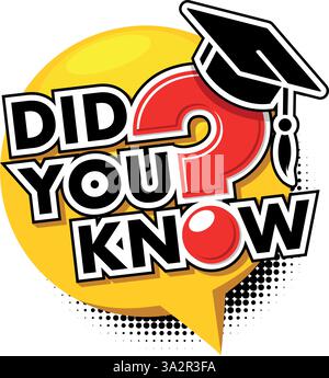Did you know. Web banner, idea box, quote for interesting fact with academic cylinder and question mark. Vector in comic book style on transparent bac Stock Vector