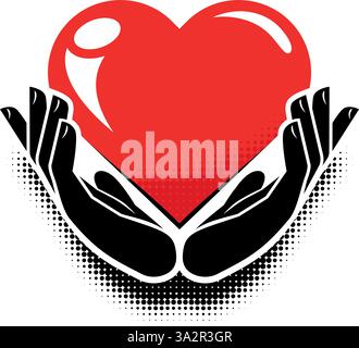 Hands of couple in love hold red heart one for two. Template decoration for Valentine's day, wedding.  Vector on transparent background for invitation Stock Vector