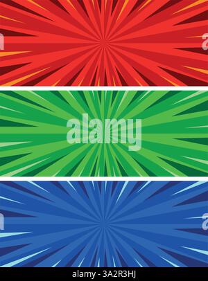 RGB comic backgrounds set. Red, green and blue artwork blanks. Vector template with copy space for you text Stock Vector