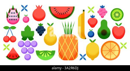 Tropical fruits and berries vector flat geometric illustration. Food design elements isolated on white background. Pineapple, watermelon, grape, avoca Stock Vector