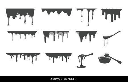 Dripping liquid vectors, Honey dripping silhouette, Honey dripping down silhouettes, Honey drop silhouette, Drips silhouette. Stock Vector