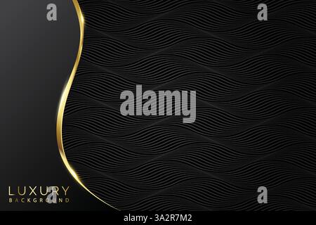 Abstract modern luxury black waves background vector dark layer with shadow and curved golden strips Stock Vector