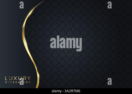 Abstract modern luxury black lined background vector dark layers with shadow and curved golden strip Stock Vector