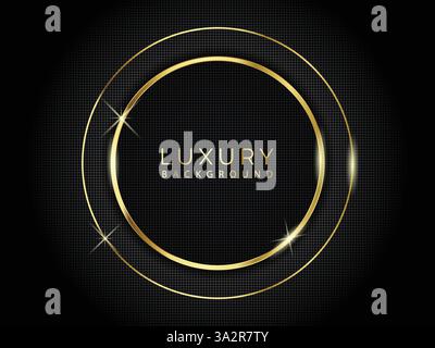 Abstract modern luxury dark rounded layer with golder border and dotted background vector with shadow and golden circle Stock Vector