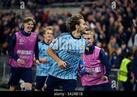 Stockholm, Sweden. 13th Mar, 2025. STOCKHOLM, SWEDEN 20250313Djurgården's Daniel Stensson celebrates after scoring 2-0 during the Uefa Conference League match, round of 16, 2nd leg, between Djurgården IF and Pafos at 3Arena in Stockholm, Sweden March 13, 2025. Photo: Oscar Olsson/TT/Code 12046 Credit: TT News Agency/Alamy Live News Stock Photo