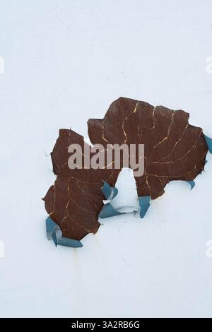 Rusty metal background with hole and peeling blue paint on it Stock Photo