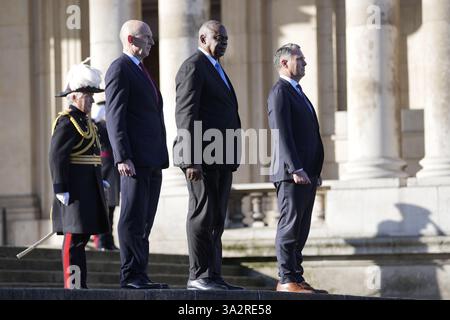 (left to right) Defence Secretary John Healey, US Secretary of Defence Lloyd Austin and Australian Defence Minister Richard Marles ahead of the AUKUS Defence Ministers Meeting at Old Royal Naval College, Greenwich, London. Picture date: Thursday September 26, 2024. Stock Photo