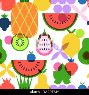 Tropical fruits, berries seamless pattern. Vector flat geometric illustration of pineapple, grape, lemon, watermelon. Farm fruits label package backgr Stock Vector