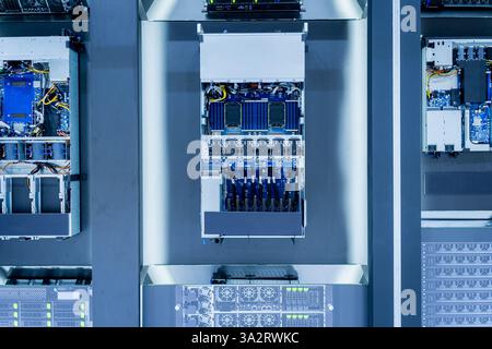 Close up of a data center and processing unit with cables and processors. Concept of hardware and connectivity for AI computing center Stock Photo