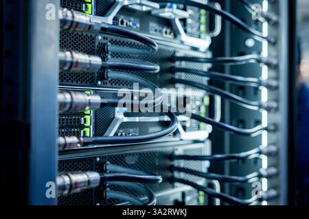 Close up of a data center and processing unit with cables and processors. Concept of hardware and connectivity for AI computing center Stock Photo