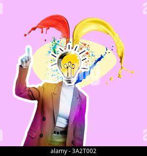 Creative art collage. Woman with light bulb instead of head and paint splashes on pink background. Conceptual poster about idea and inspiration Stock Photo
