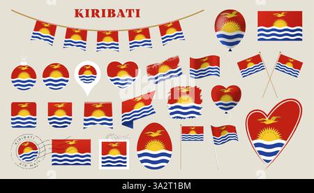 kiribati flag set. Various National flag collection with different shapes like heart, shield, easter egg, location, circle, postmark, grunge, square, Stock Vector